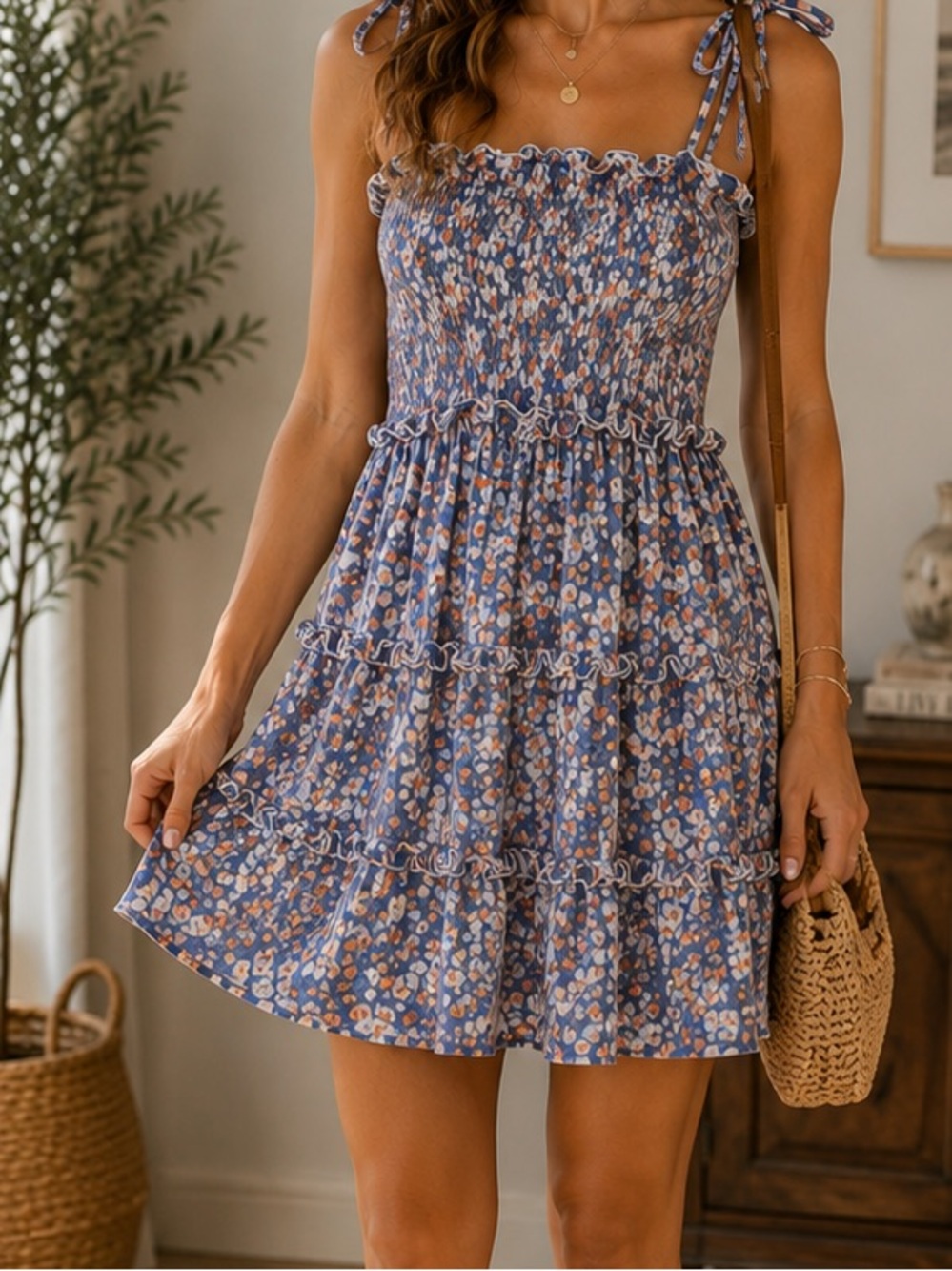 Floral Smocked Sundress with Tie Straps - Blue & Peach